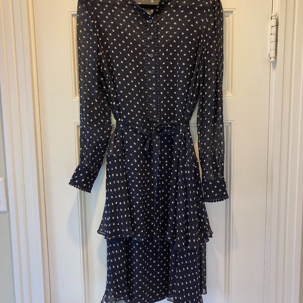 Sz 10, Hobbs Midi long sleeve tiered silk dress, navy micro print